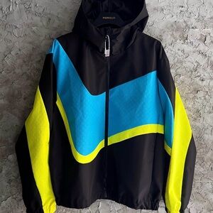 Black Jacket with Blue and Yellow Accents